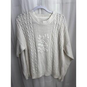 Vintage Sweater Women Large Cream Cable Knit Embroidered Cottagecore Bogo Granny